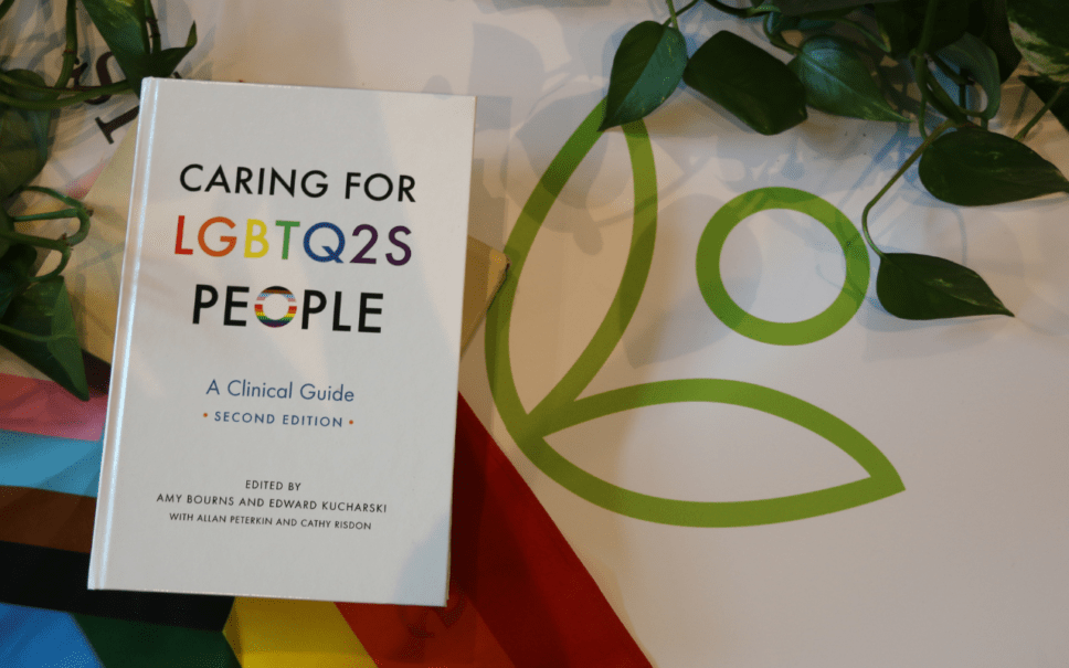 Picture of a book titled caring for LGBTQ2S people