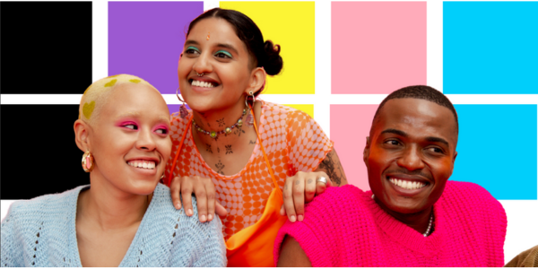 three people smiling with a colourful background